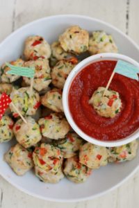 Packed with chicken breast, bell pepper, carrot, zucchini, pesto, and bread crumbs, these meatballs are tasty and delicious. They’re also loaded with nutrition for hungry kiddos.

